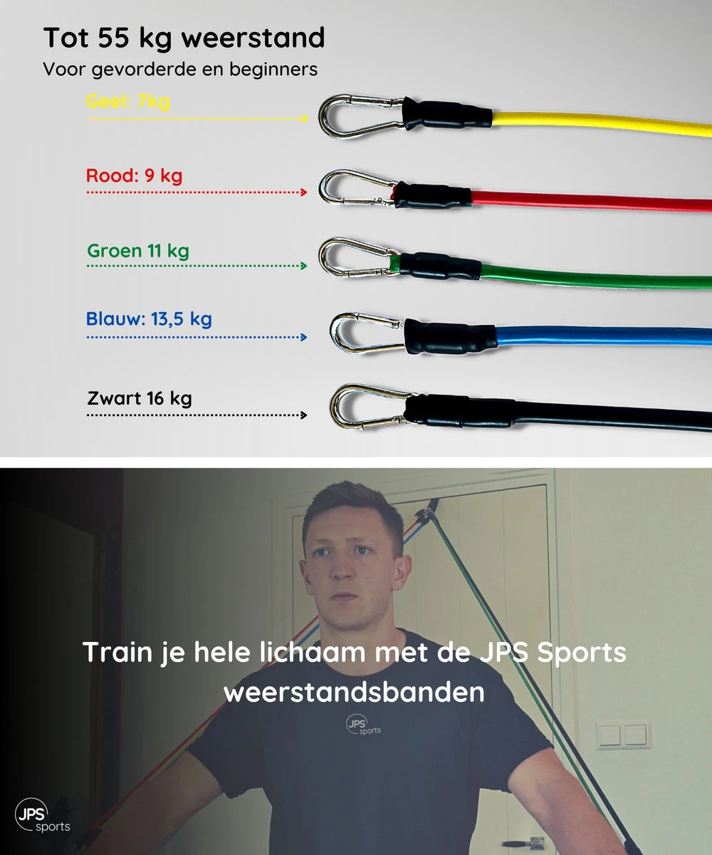 JPS Sports® Resistance Bands Set - Fitness Elastiek - Weerstandsbanden - Handvaten - Enkelbanden - Draagtas - tot 55KG JPS Sports® Resistance Bands Set - Fitness Elastiek - Weerstandsbanden - Handvaten - Enkelbanden - Draagtas - Tot 55KG -Fitnessapparatuur Serie Winkel 1000x1200 3