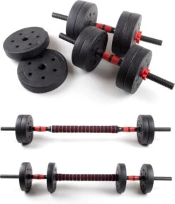 Dumbbellset 25 Kg Met Halterstang - Dumbbells Verstelbaar - Halterset - Fitness Gewichten Set - Rood/zwart