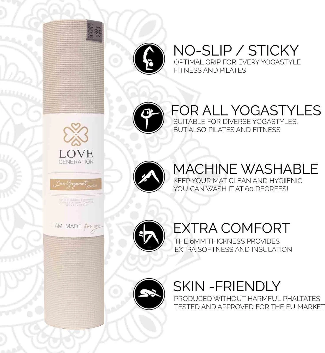 Love Generation ● Yoga Mat ● Fitness Mat ● Zand ● 6 mm Dik Love Generation ● Yoga Mat ● Fitness Mat ● Zand ● 6 Mm Dik -Fitnessapparatuur Serie Winkel 1103x1200 6