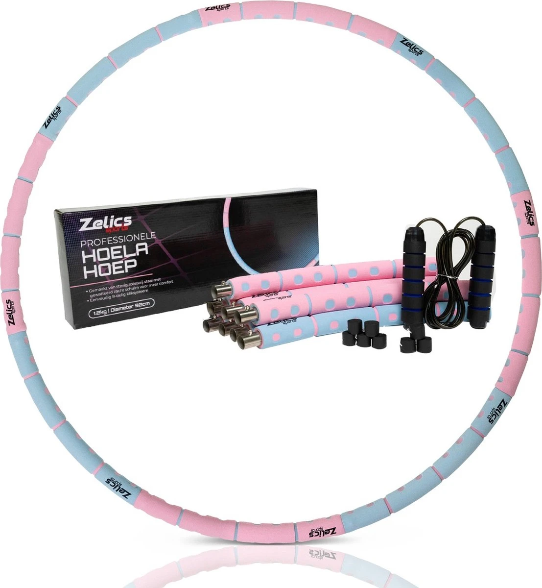 Zelics Sports - Professionele Fitness Hoelahoep Voor Volwassenen Met Gewicht - Gemaakt Van Roestvrij Staal, Zachte Foam En Anti-Zweet Buitenlaag - Sport Hoepel - Hula Hoop - Weight Hoop - Hoepel Fitness - 92cm/1.2 Kg Vulbaar- Inclusief Spingtouw
