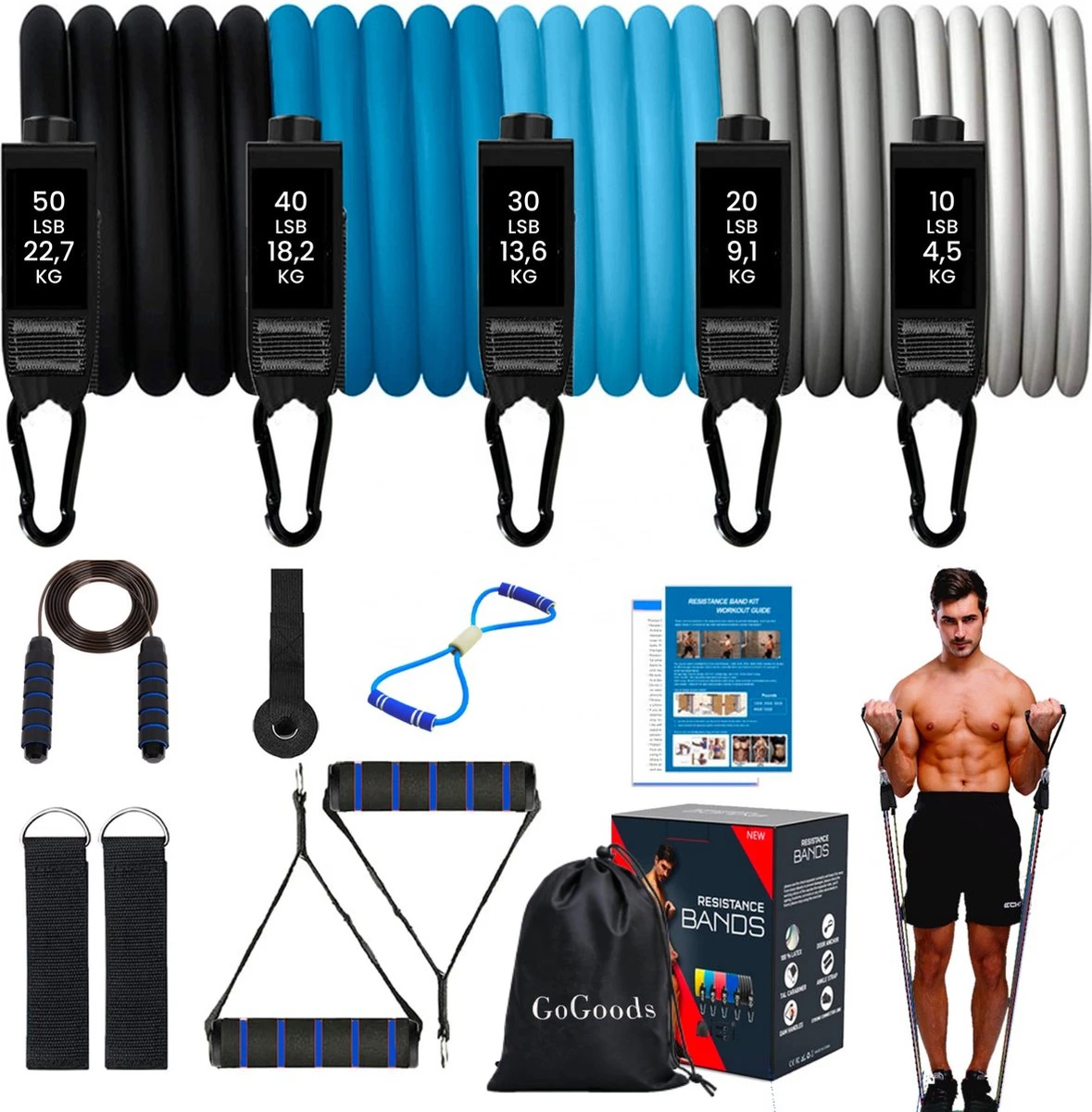 GoGoods® Resistance Band - 15-delige Weerstandsbanden Set - 70kg Totaal - Fitness Elastieken - Met Handvaten / Enkelbanden GoGoods® Resistance Band - 15-delige Weerstandsbanden Set - 70kg Totaal - Fitness Elastieken - Met Handvaten / Enkelbanden -Fitnessapparatuur Serie Winkel 1179x1200 4