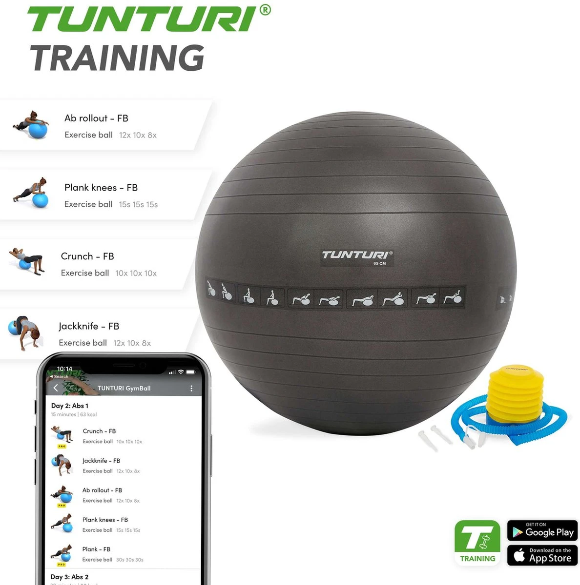 Tunturi Fitnessbal - Gymball - Swiss ball - 65 cm - Anti burst - Incl. pomp - Zwart - Incl. gratis fitness app Tunturi Fitnessbal - Gymball - Swiss Ball - 65 Cm - Anti Burst - Incl. Pomp - Zwart - Incl. Gratis Fitness App -Fitnessapparatuur Serie Winkel 1188x1200 14