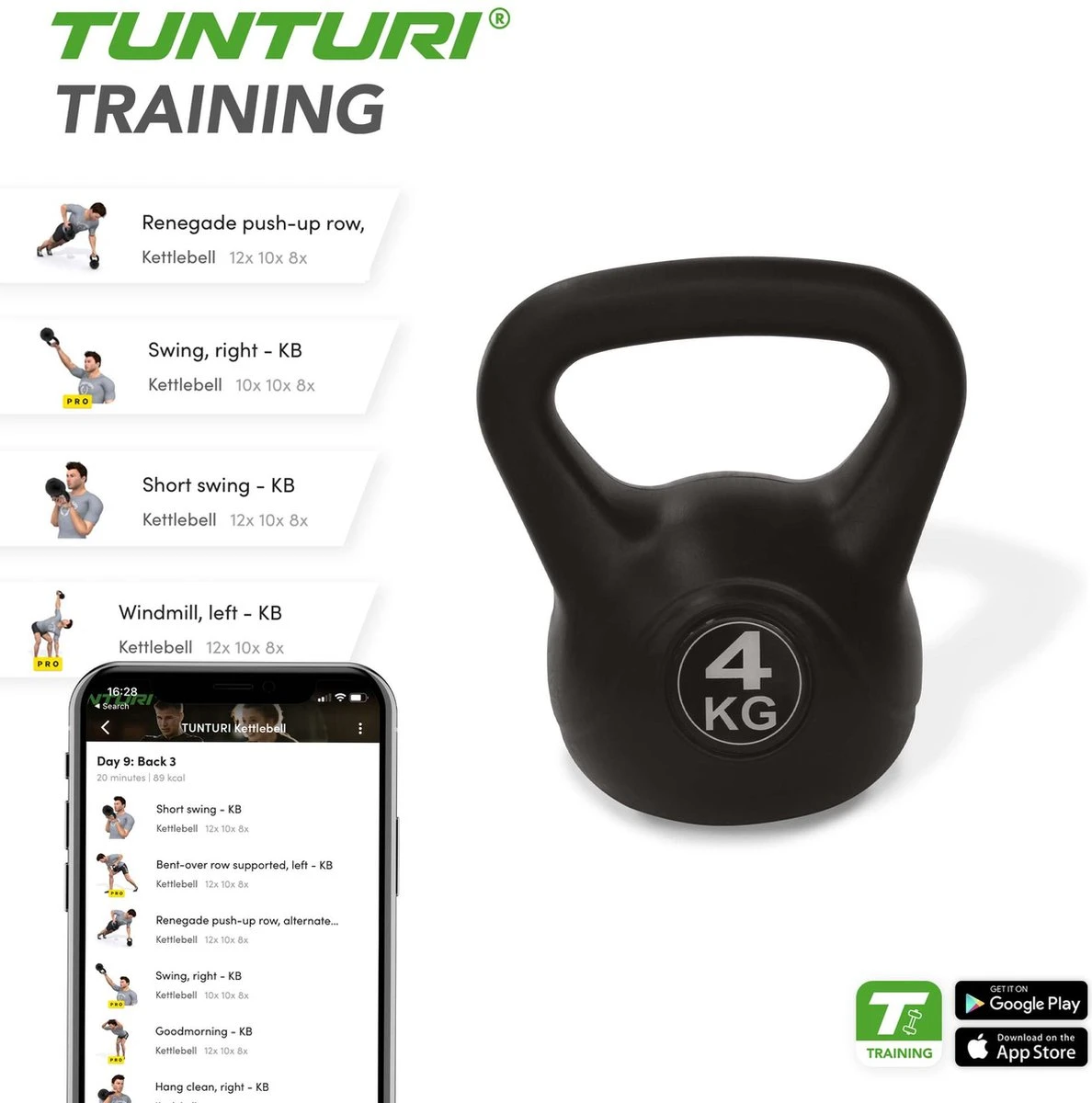 Tunturi PVC Kettlebell - Gewicht - 4kg - Incl. gratis fitness app Tunturi PVC Kettlebell - Gewicht - 4kg - Incl. Gratis Fitness App -Fitnessapparatuur Serie Winkel 1188x1200 34