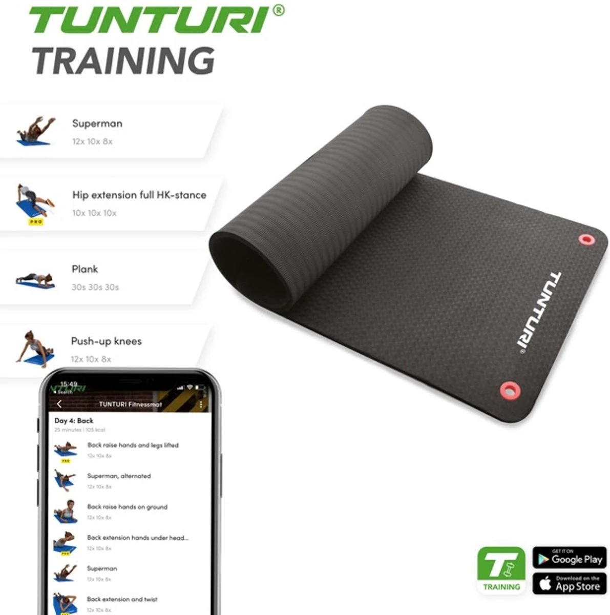 Tunturi Pro Fitnessmat - Yogamat - Gymnastiekmat - Oefenmat - 180x60x1,5cm - Zwart - Incl. gratis fitness app Tunturi Pro Fitnessmat - Yogamat - Gymnastiekmat - Oefenmat - 180x60x1,5cm - Zwart - Incl. Gratis Fitness App -Fitnessapparatuur Serie Winkel 1191x1200 3