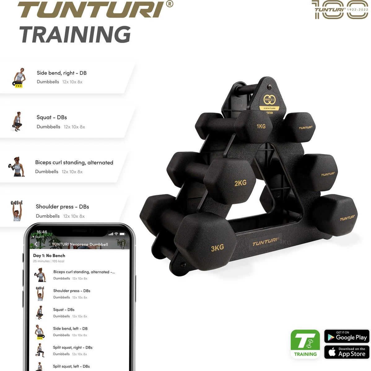 Tunturi Gewichten Centuri - Halterset - Dumbbell Set - Neopreen Dummbbells - 1 t/m 3kg - 3 Paar - Incl. gratis fitness app Tunturi Gewichten Centuri - Halterset - Dumbbell Set - Neopreen Dummbbells - 1 T/m 3kg - 3 Paar - Incl. Gratis Fitness App -Fitnessapparatuur Serie Winkel 1198x1200 30