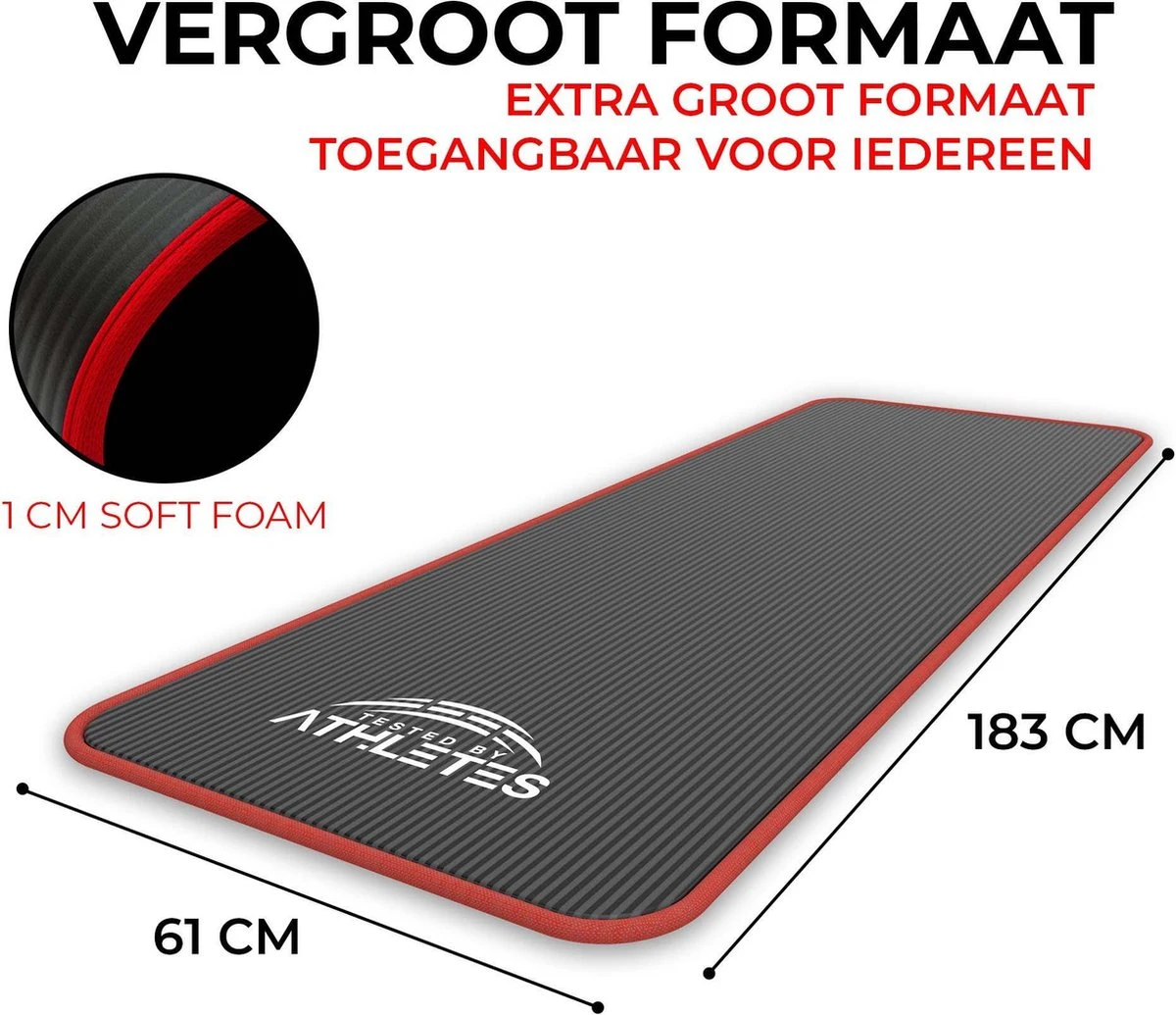 Tested by Athletes Pro II Fitnessmat + E-Book met oefeningen - 183 x 61 x 1cm NBR Foam - Oefenmat met draagtas- en riem - Voor Fitnessoefeningen en Yoga oefeningen Tested By Athletes Pro II Fitnessmat + E-Book Met Oefeningen - 183 X 61 X 1cm NBR Foam - Oefenmat Met Draagtas- En Riem - Voor Fitnessoefeningen En Yoga Oefeningen -Fitnessapparatuur Serie Winkel