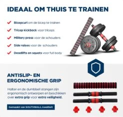 SOUTHWALL Dumbbells Set Verstelbaar Met Halterstang Tot 15kg – Verstelbare Halterset – Fitness Stang – Fitness Gewichten Set – Professionele 2-in-1 Dumbbellset – Gebruiksvriendelijk – Multifunctioneel – Dumbell Set 15 Kg – Rood -Fitnessapparatuur Serie Winkel 1200x1142 12