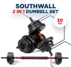 SOUTHWALL Dumbbells Set Verstelbaar Met Halterstang Tot 30kg – Verstelbare Halterset – Fitness Stang – Fitness Gewichten Set – Professionele 2-in-1 Dumbbellset – Gebruiksvriendelijk – Multifunctioneel – Dumbell Set 30 Kg – Rood/Zwart