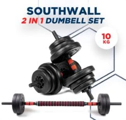 SOUTHWALL Dumbbells Set Verstelbaar Met Halterstang Tot 10kg – Verstelbare Halterset – Fitness Stang – Fitness Gewichten Set – Professionele 2-in-1 Dumbbellset – Gebruiksvriendelijk – Multifunctioneel – Dumbell Set 10 Kg – Rood/Zwart
