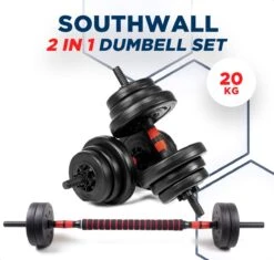 SOUTHWALL Dumbbells Set Verstelbaar Met Halterstang Tot 20kg – Verstelbare Halterset – Fitness Stang – Fitness Gewichten Set – Professionele 2-in-1 Dumbbellset – Gebruiksvriendelijk – Multifunctioneel – Dumbell Set 20 Kg – Rood/Zwart