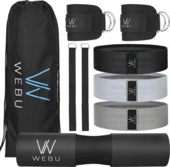 WEBU 9 Delige Fitness / Sportschool Set - Barbell Squat Pad - Nekbeschermer – Premium Weerstandsbanden – Resistance Band Set - Ankle Strap