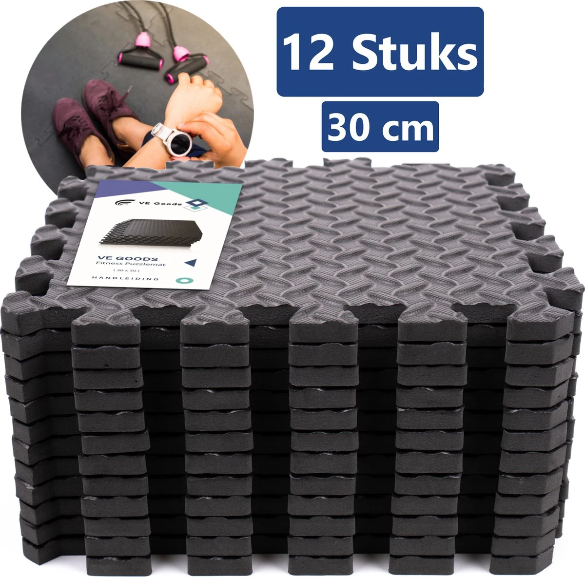 Sport Puzzelmat - Fitnessmat - 12 Stuks Van 30x30x1,2cm - Sportmat Met Antislip - Yogamat - Geluidabsorberend EVA - Totaal 120x90cm - 1,08m² - Zwart