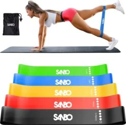 Sanbo Weerstandsbanden Set Van 5 Stuks - Extra Sterk Tot 18kg - 5 Kleuren - Incl. Opbergzakje - 100% Natuurlijk Latex - Resistance Band Set - Fitness Elastiek - Booty Band Builder