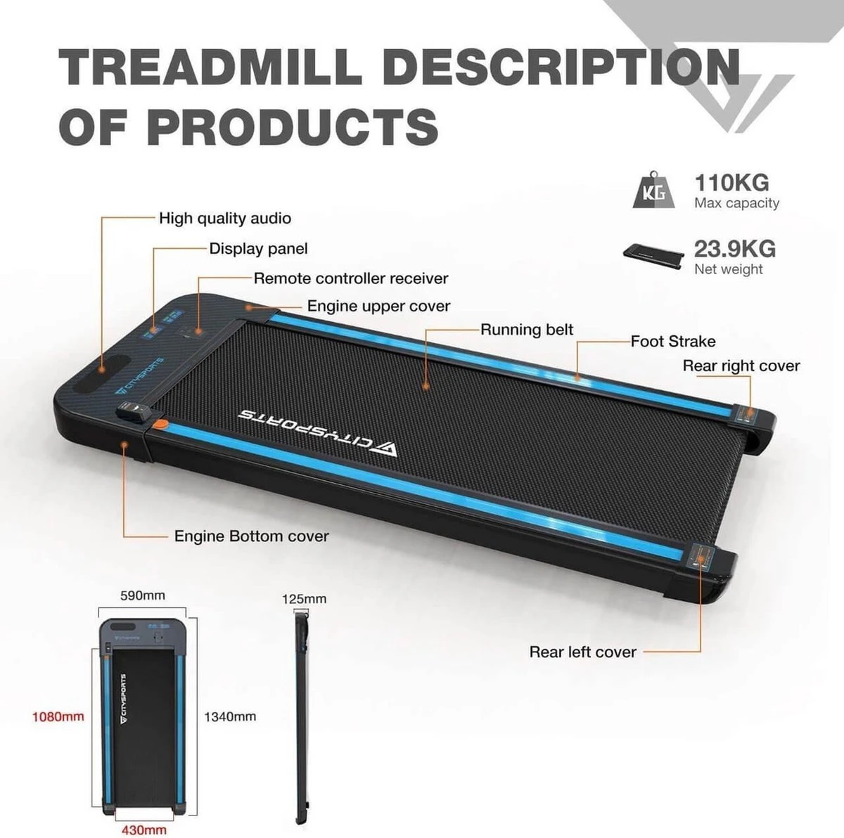 CITYSPORTS Loopband voor thuis/kantoor, 440 W motor, slank en stil, lcd-scherm en teller, ingebouwde Bluetooth-luidspreker Merkloos CITYSPORTS Loopband Voor Thuis/kantoor, 440 W Motor, Slank En Stil, Lcd-scherm En Teller, Ingebouwde Bluetooth-luidspreker -Fitnessapparatuur Serie Winkel 1200x1192 1