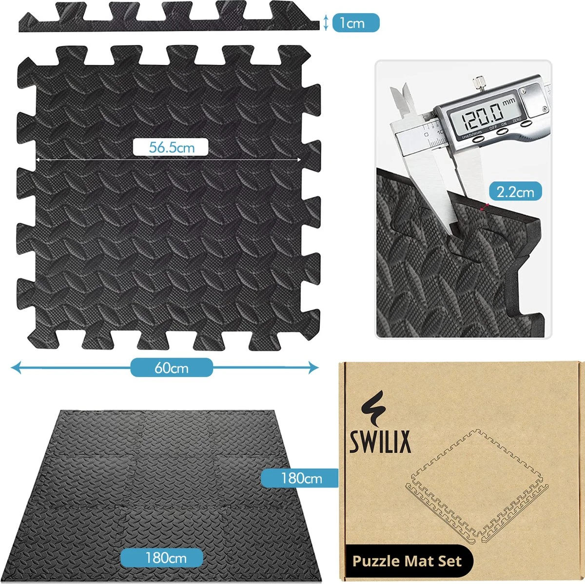 SWILIX ® Puzzelmat - 6 Stuks - 180x120 x2cm (6 x 60x60cm) - 2,20 m2 - Zachte Vloermat - Zwart SWILIX ® Puzzelmat - 6 Stuks - 180x120 X2cm (6 X 60x60cm) - 2,20 M2 - Zachte Vloermat - Zwart -Fitnessapparatuur Serie Winkel 1200x1197 11