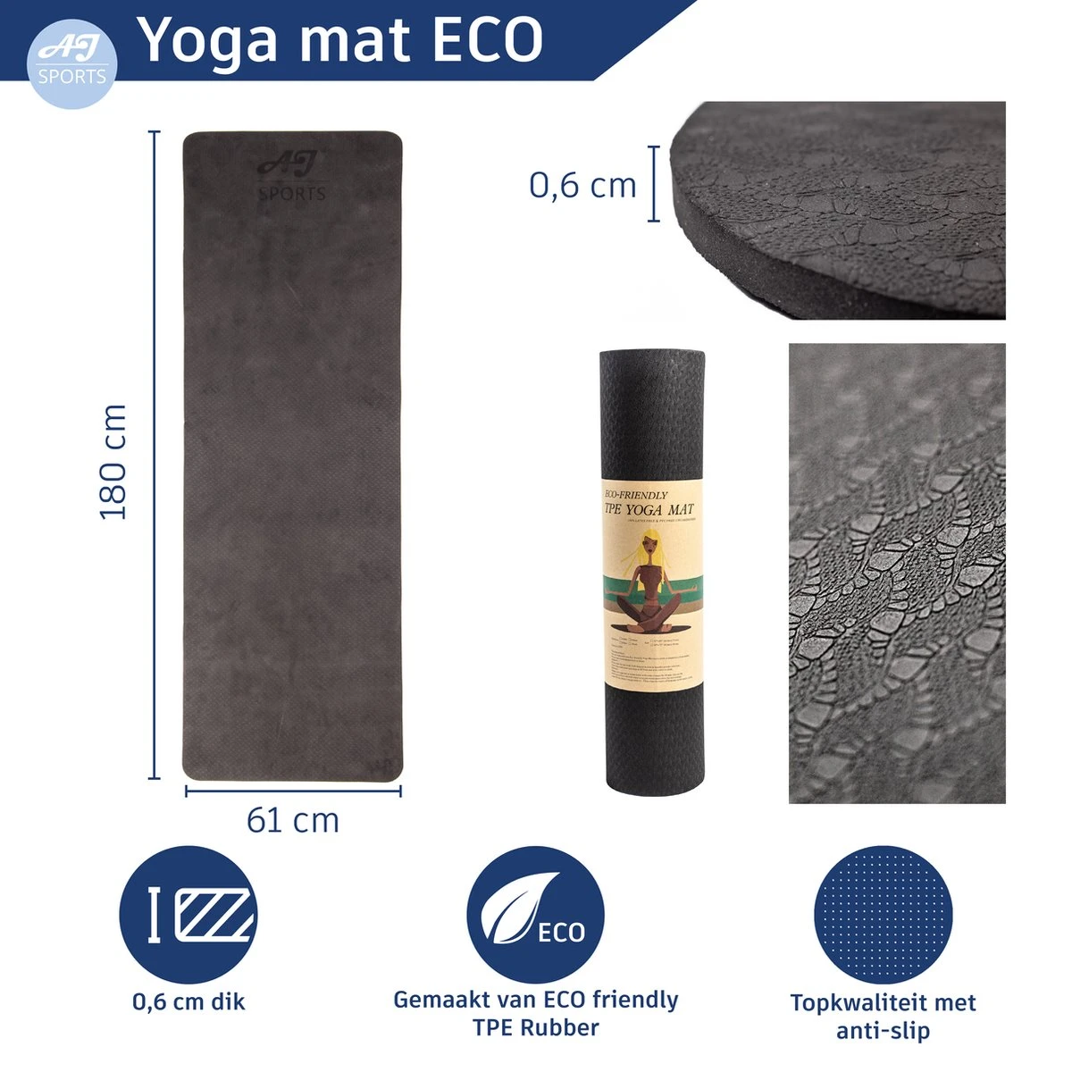 AJ-Sports Yoga mat - Fitness mat Eco friendly - Sport mat - yoga mat - Zwart - Anti slip - Yoga - Pilates - 180 x 61x 0.6 cm AJ-Sports Yoga Mat - Fitness Mat Eco Friendly - Sport Mat - Yoga Mat - Zwart - Anti Slip - Yoga - Pilates - 180 X 61x 0.6 Cm -Fitnessapparatuur Serie Winkel 1200x1200 1447