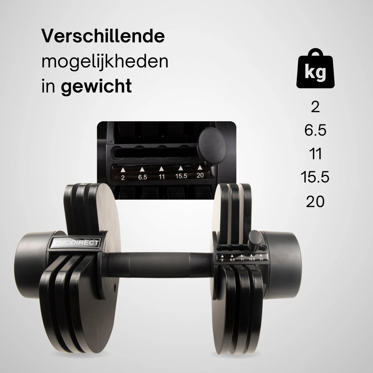 KIMO DIRECT Verstelbare Dumbbell 20KG - Dumbells - Gewichten - 2/6,5/11/15,5/20KG - Smart Dumbell - Zwart KIMO DIRECT Verstelbare Dumbbell 20KG - Dumbells - Gewichten - 2/6,5/11/15,5/20KG - Smart Dumbell - Zwart -Fitnessapparatuur Serie Winkel 1200x1200 2423