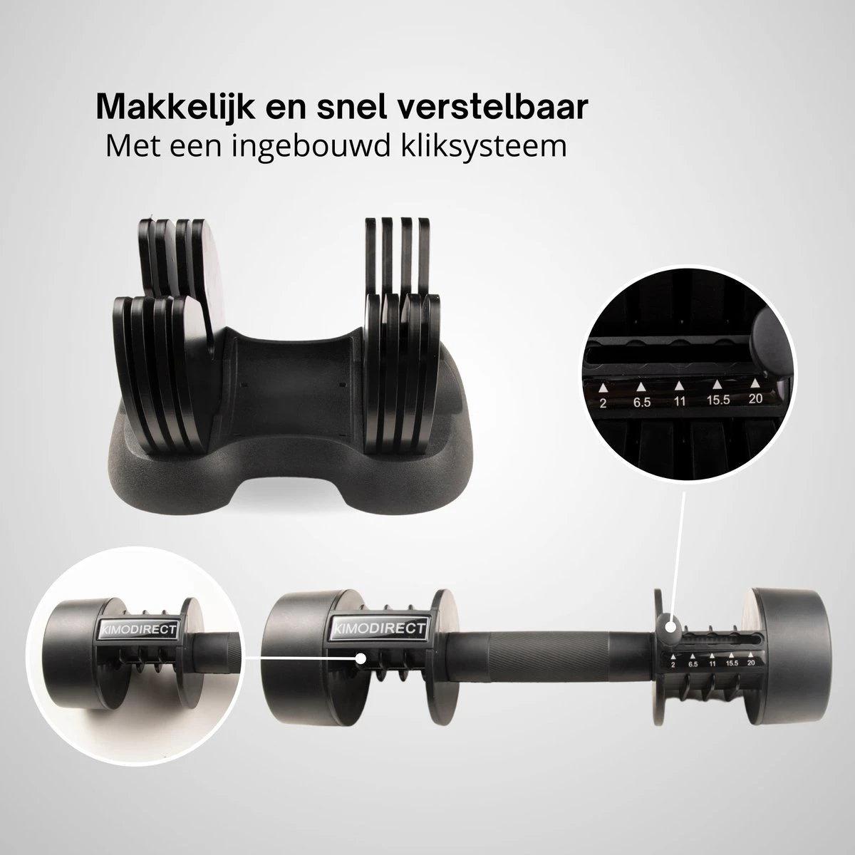 KIMO DIRECT Verstelbare Dumbbell 20KG - Dumbells - Gewichten - 2/6,5/11/15,5/20KG - Smart Dumbell - Zwart KIMO DIRECT Verstelbare Dumbbell 20KG - Dumbells - Gewichten - 2/6,5/11/15,5/20KG - Smart Dumbell - Zwart -Fitnessapparatuur Serie Winkel 1200x1200 2425