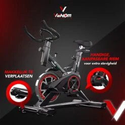 Venom Sports Hometrainer Fiets – Fitness Fiets – Professionele Indoor Cycle Met Lage Instap – Hometrainer Fitness – Hoge Stabiliteit – Spinningfiets – Cardio Bike – LCD Scherm – Verstelbaar – V-belt Aandrijving – Tot 175cm En 150kg – Zwart/Rood -Fitnessapparatuur Serie Winkel 1200x1200 636