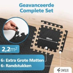 SWILIX ® Puzzelmat - 6 Stuks - 180x120 X2cm (6 X 60x60cm) - 2,20 M2 - Zachte Vloermat - Zwart 9 SWILIX ® Puzzelmat - 6 Stuks - 180x120 X2cm (6 X 60x60cm) - 2,20 M2 - Zachte Vloermat - Zwart -Fitnessapparatuur Serie Winkel 1200x1200 735