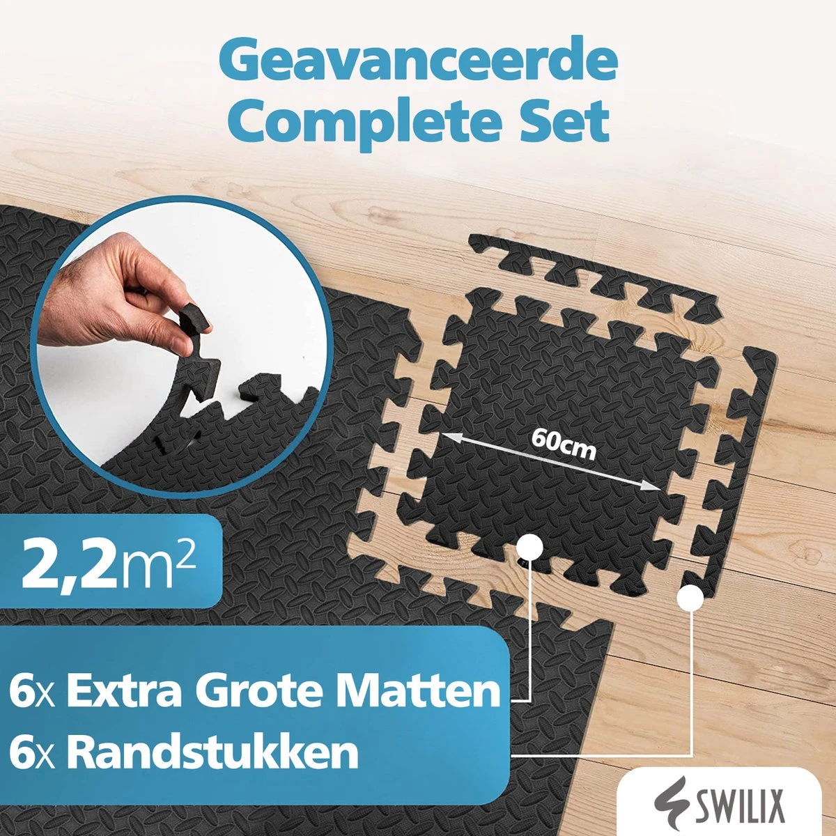 SWILIX ® Puzzelmat - 6 Stuks - 180x120 x2cm (6 x 60x60cm) - 2,20 m2 - Zachte Vloermat - Zwart SWILIX ® Puzzelmat - 6 Stuks - 180x120 X2cm (6 X 60x60cm) - 2,20 M2 - Zachte Vloermat - Zwart -Fitnessapparatuur Serie Winkel 1200x1200 735
