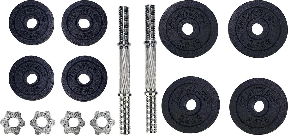 Tunturi Gewichten Gietijzer totaal 20kg - Halterset met schroefsluiting - Dumbbell set - 2 halterstangen - 30mm - incl. gratis fitness app Tunturi Gewichten Gietijzer Totaal 20kg - Halterset Met Schroefsluiting - Dumbbell Set - 2 Halterstangen - 30mm - Incl. Gratis Fitness App -Fitnessapparatuur Serie Winkel