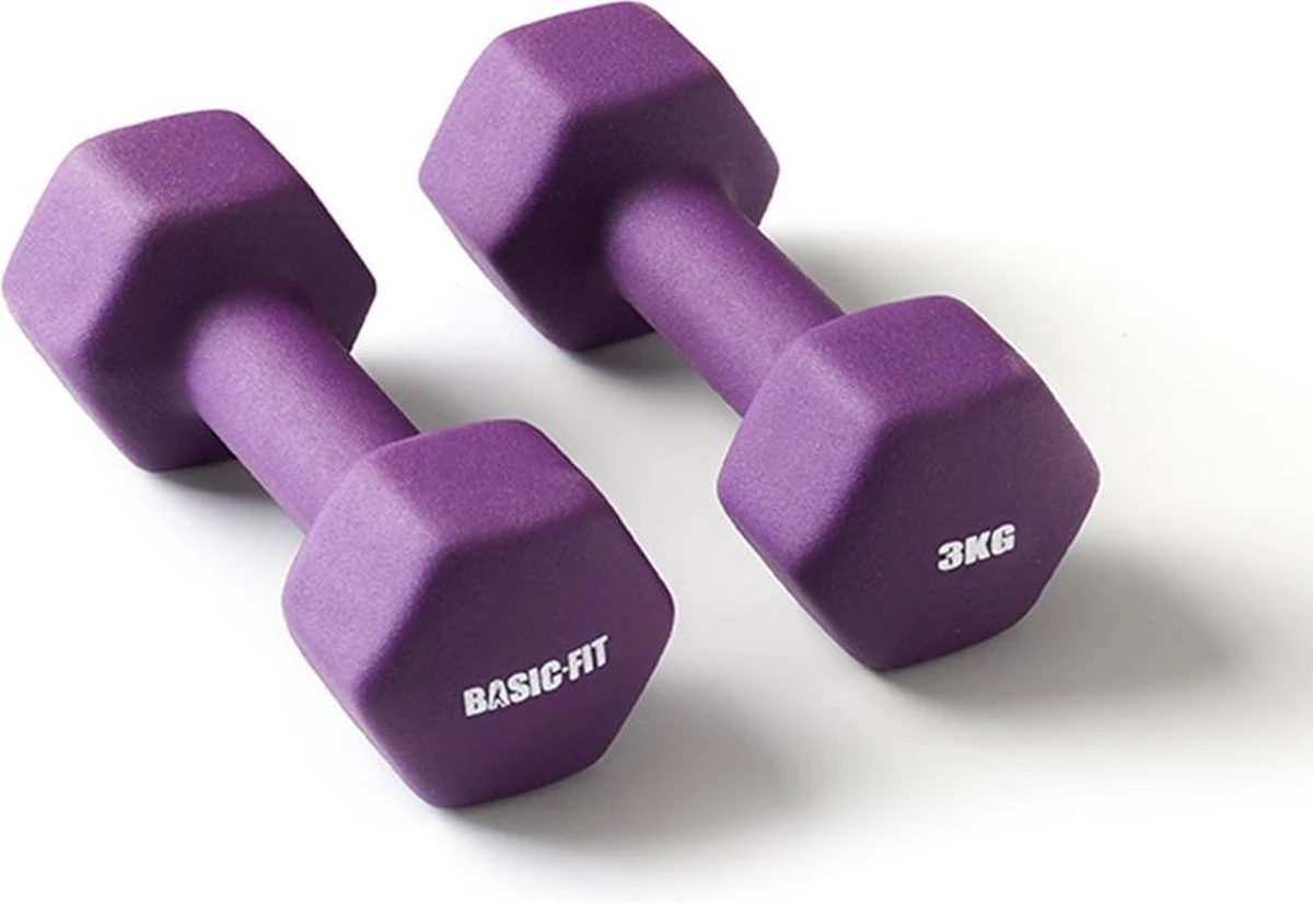 Basic-Fit® Dumbbells - Dumbells Set - 2 x 3 kg - Rubber - Paars Basic-Fit® Dumbbells - Dumbells Set - 2 X 3 Kg - Rubber - Paars -Fitnessapparatuur Serie Winkel 1200x825 2