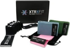 FITELASTIX® Premium Weerstandsbanden Set Compleet - Full Body - Voor Elk Niveau - Ultra Comfort - Sport Elastiek Banden - Booty Band Set - Resistance Band Set - Fitness Elastiek Set - 4 Stuks - Inclusief Opbergzakje - Roze/Blauw/Groen/Zwart