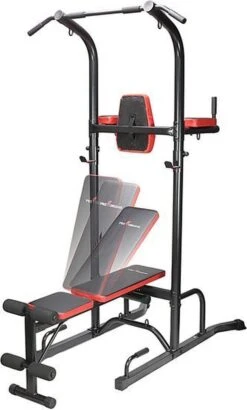 Fitness Trainer - Pull Up Toren - Dip Station – Push Up Bar - Dip Rack Halterbank Inc. 50 Kg GEWICHTEN + Sportbank Fitnessbank + Halterschijven + 3 Halterstangen - Multifunctioneel - Volledig Instelbaar - Opklapbaar -Fitnessapparatuur Serie Winkel 723x1200 1