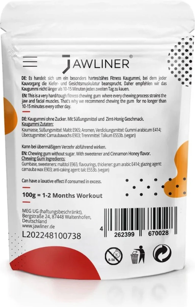 Jawliner Fitness Kauwgom Cinnamon Honey - Kaak Trainer voor Kaakspier Oefeningen - Strakke kaaklijn Jawliner Fitness Kauwgom Cinnamon Honey - Kaak Trainer Voor Kaakspier Oefeningen - Strakke Kaaklijn -Fitnessapparatuur Serie Winkel