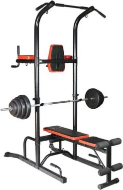 Fitness Trainer - Pull Up Toren - Dip Station – Push Up Bar - Dip Rack Halterbank Inc. 50 Kg GEWICHTEN + Sportbank Fitnessbank + Halterschijven + 3 Halterstangen - Multifunctioneel - Volledig Instelbaar - Opklapbaar -Fitnessapparatuur Serie Winkel 777x1200