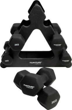 Tunturi Gewichten - Halterset - Dumbbell Set - Neopreen Dummbbells - 1 T/m 3kg - 3 Paar - Incl. Gratis Fitness App -Fitnessapparatuur Serie Winkel 788x1200