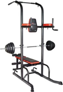 Fitness Trainer - Pull Up Toren - Dip Station – Push Up Bar - Dip Rack Halterbank Inc. 50 Kg GEWICHTEN + Sportbank Fitnessbank + Halterschijven + 3 Halterstangen - Multifunctioneel - Volledig Instelbaar - Opklapbaar -Fitnessapparatuur Serie Winkel 820x1200 2