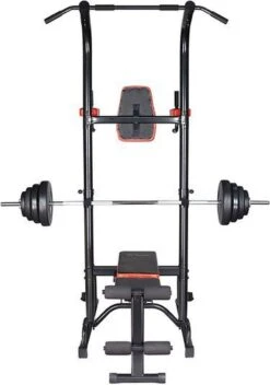 Fitness Trainer - Pull Up Toren - Dip Station – Push Up Bar - Dip Rack Halterbank Inc. 50 Kg GEWICHTEN + Sportbank Fitnessbank + Halterschijven + 3 Halterstangen - Multifunctioneel - Volledig Instelbaar - Opklapbaar -Fitnessapparatuur Serie Winkel 843x1200 1