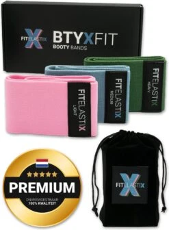 FITELASTIX® Premium Booty Band Set - Anti-Slip - Voor Elk Niveau - Ultra Comfort - Sport Elastiek Banden - Booty Bands - Weerstandsbanden Set - Resistance Band - Inclusief Opbergzakje - 3 Stuks - Licht/Medium/Zwaar - Roze/Blauw/Groen