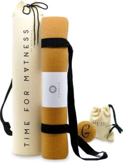AGreenie Premium Yoga Mat Kurk 4mm / Antislip Yoga Mat Kurk Natuurlijk Rubber / Yoga Mat Natuurlijk Rubber Incl. Yoga Mat Draagriem, Massage Bal & E-Boek