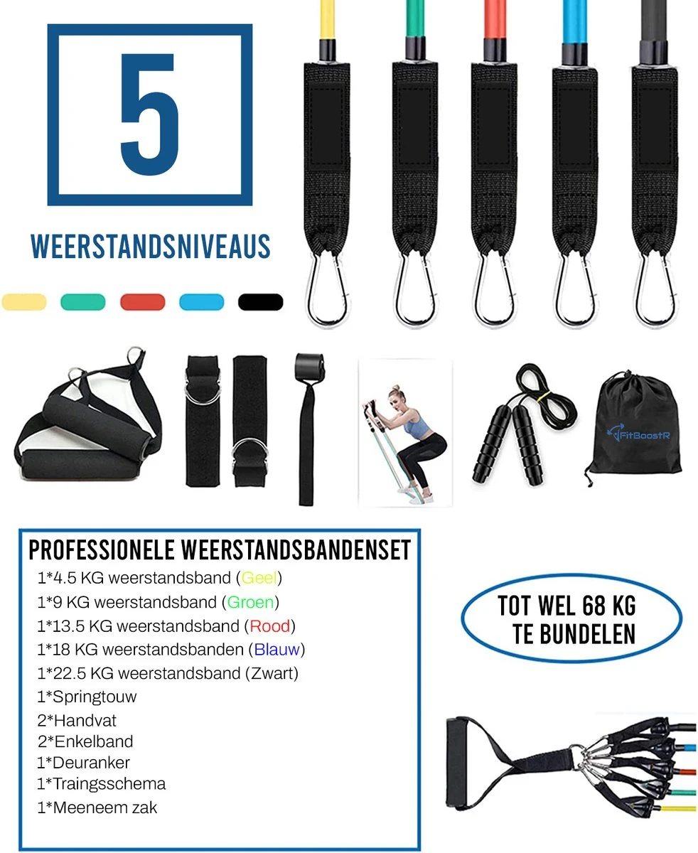 Resistance Band Set – Weerstandsbanden – Fitness Elastiek – Booty Band – Dubbellaags – Incl. Springtouw – Incl. Opbergzak – 11-Delig Resistance Band Set – Weerstandsbanden – Fitness Elastiek – Booty Band – Dubbellaags – Incl. Springtouw – Incl. Opbergzak – 11-Delig -Fitnessapparatuur Serie Winkel